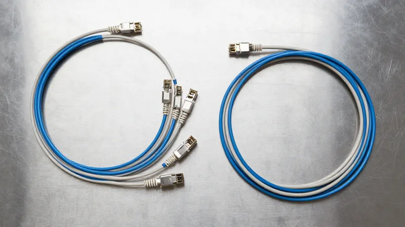 Cabling Infrastructure: MPO-16 vs. MPO-12 and LC Connectors Top-down flat lay view of various fiber optic connectors and MPO-16 cables organized neatly on a technical surface.