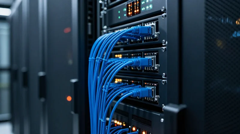 Cloud Use Cases: When to Deploy 400G SR8 Photorealistic shot of a modern data center server rack with dense blue fiber optic cabling and glowing lights.
