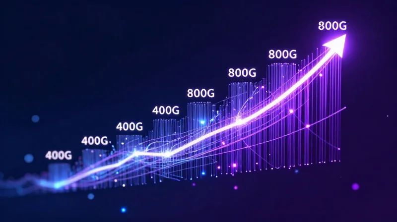 Future-Proofing Your Network: The Path to 800G Abstract tech conceptual art representing the evolution from 400G to 800G with upward flowing light streams and nodes.
