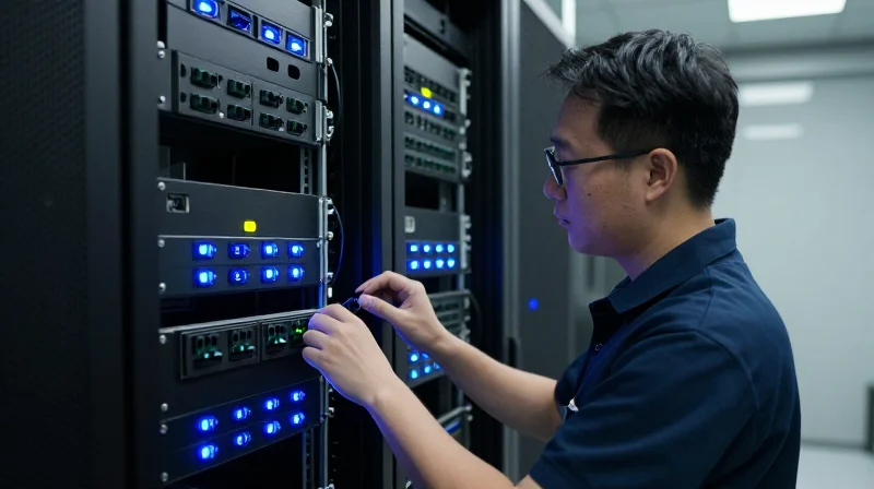 Critical Reliability: Rigorous Testing for Zero-Downtime Environments Technician monitoring testing equipment in a data center environment to ensure hardware reliability.