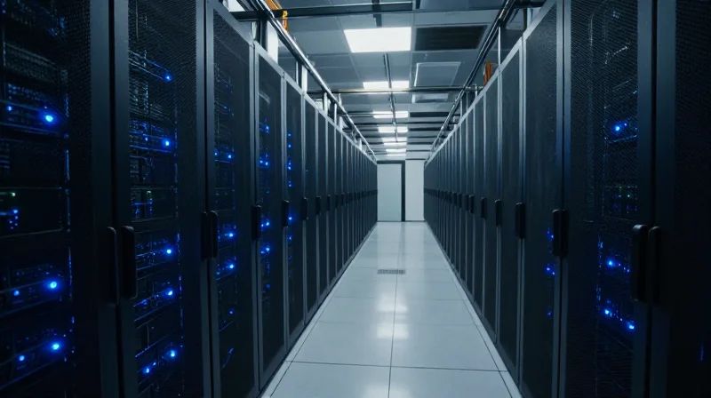 The Evolution of 400G SR8 in Modern Cloud Architectures A wide-angle shot of a massive, state-of-the-art hyperscale data center with glowing blue server racks and neat cabling.