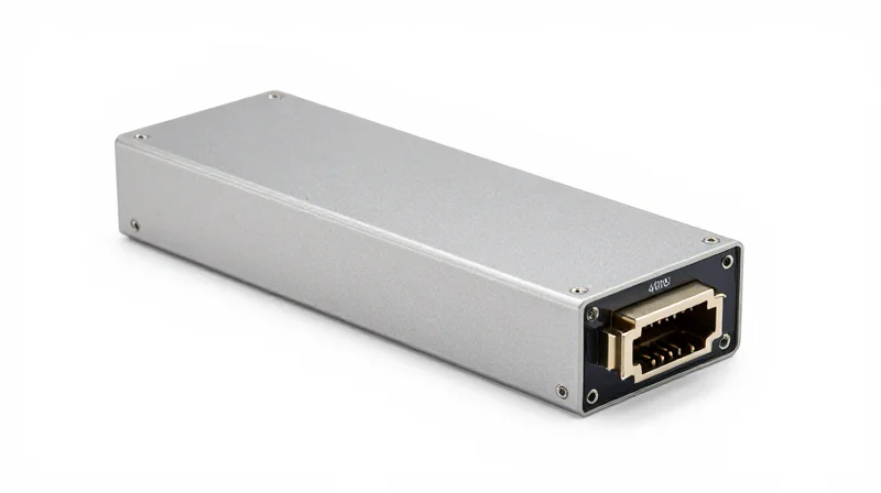 Key Technical Specifications of 400G SR8 Transceivers A professional product shot of a 400G SR8 transceiver showing the MPO-16 interface and metallic casing.
