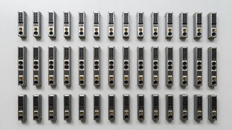 Why Bulk Procurement is Essential for Scaling Data Centers Dozens of optical transceivers neatly arranged in an organized grid on a clean surface.