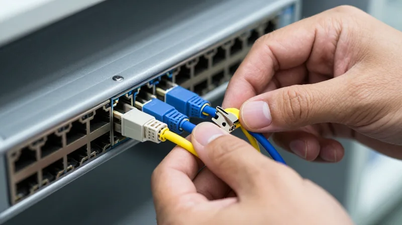 Compatibility and Interoperability Testing Close-up of a technician's hands connecting fiber optic cables to a high-density network switch in a lab environment.