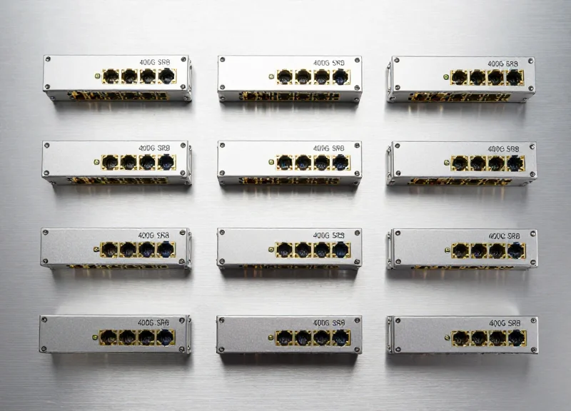 A professional flat lay arrangement of multiple 400G SR8 optical transceiver modules neatly organized on a metallic surface, representing bulk cloud hardware inventory.