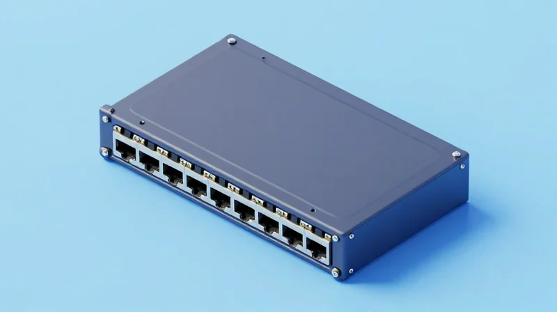 Isometric 3D illustration showing a network transceiver being plugged into a high-density data center switch port.