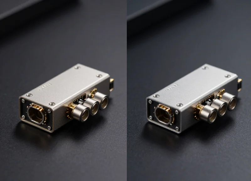 A side-by-side comparison of two silver high-speed optical transceiver modules on a dark reflective surface, highlighting different connector designs and heat sinks.