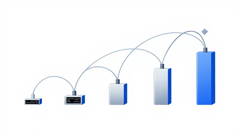 An artistic representation of fiber optic modules evolving from simple to high-density designs.