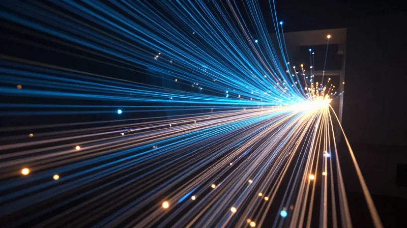 Abstract visualization of digital signals and data flow in high-speed networking.