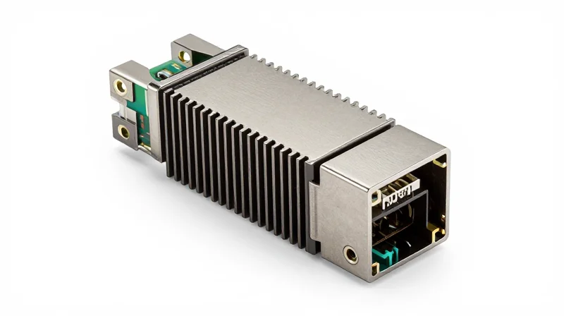 A professional product shot of an OSFP transceiver with a finned heat sink.