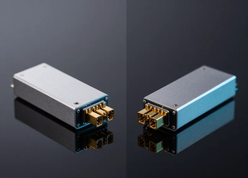 A professional side-by-side comparison of two high-speed fiber optic transceiver modules on a dark reflective tech surface with cinematic lighting.