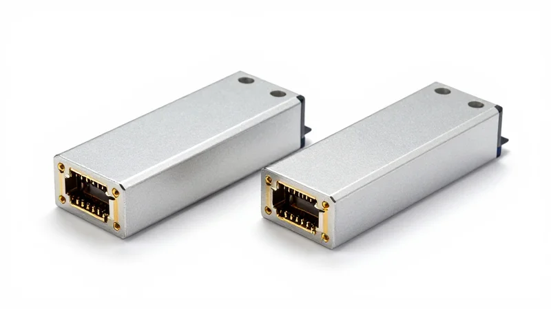 Two high-speed optical transceiver modules side-by-side on a white background showing high-density electrical connectors and metallic housing.