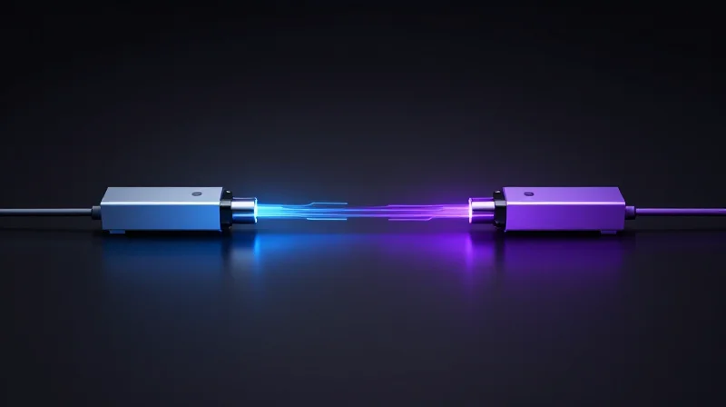 Symmetrical comparison layout of two optical modules on a dark reflective surface with light trails representing bandwidth speed.