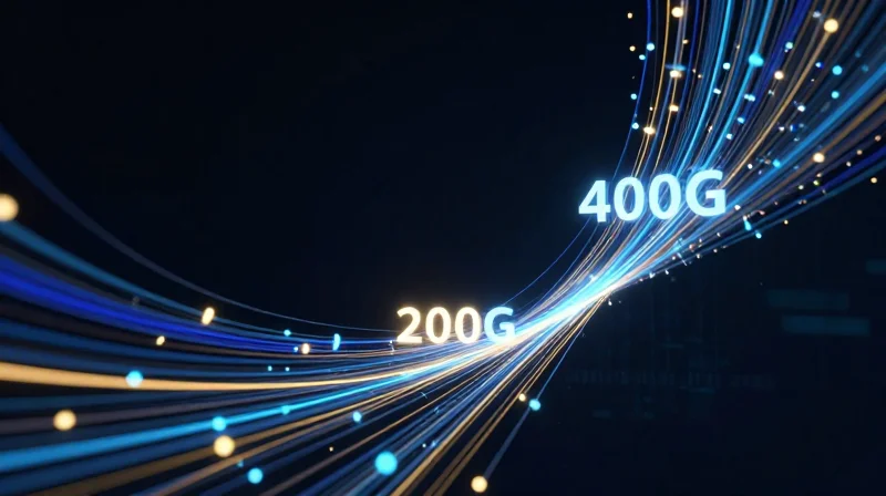 Abstract representation of data bandwidth evolution from 200G to 400G with glowing light streams.