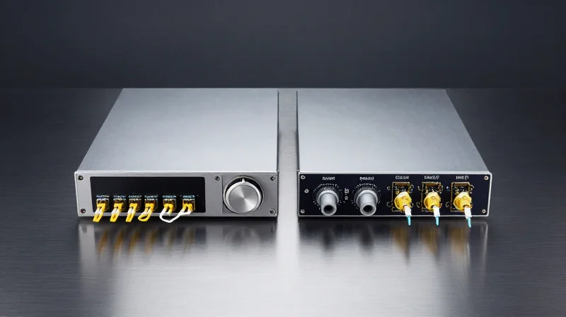 Side-by-side comparison of two high-speed transceiver modules on a professional studio background.