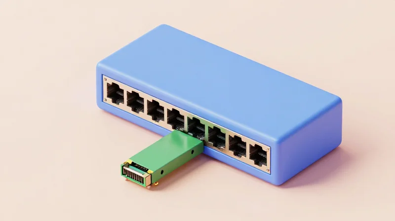 Isometric 3D view of a data center switch port showing module compatibility and high-density arrangement.
