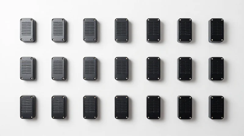 Flat lay photography of bulk networking modules arranged in an organized grid representing wholesale procurement.