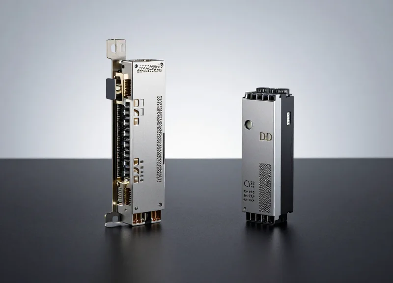 Two high-speed optical transceivers displayed side-by-side on a professional studio background for comparison.