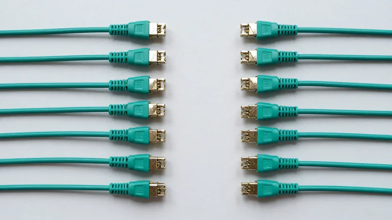 Connectivity and Cabling: The MPO-12 Interface Flat lay arrangement of teal OM4 fiber optic cables and MPO-12 connectors.
