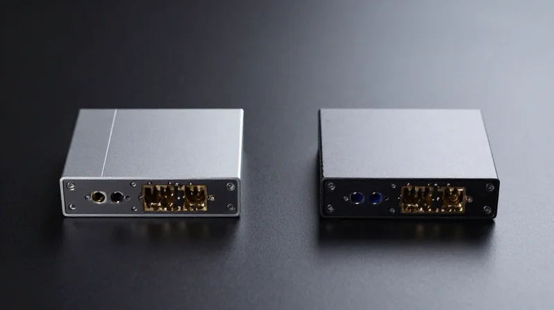 Comparative Analysis: QSFP56 vs. QSFP-DD Side-by-side comparison of two different optical transceiver form factors on a sleek dark surface.