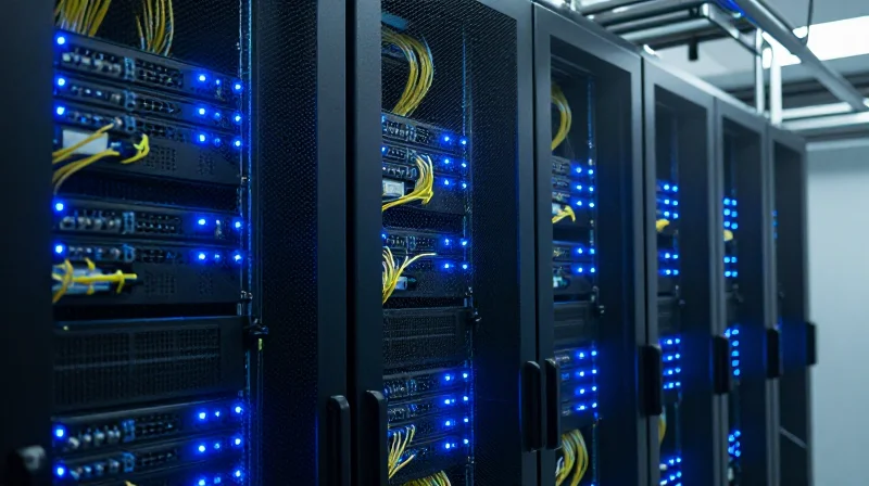 Key Application Scenarios in Modern Data Centers Professional photograph of high-density server racks in a modern data center with blue status lights.