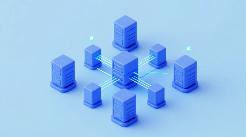 The Rise of 200G QSFP56 SR4: Architecture and Standards Isometric 3D view of data center network architecture with modular components and glowing connections.