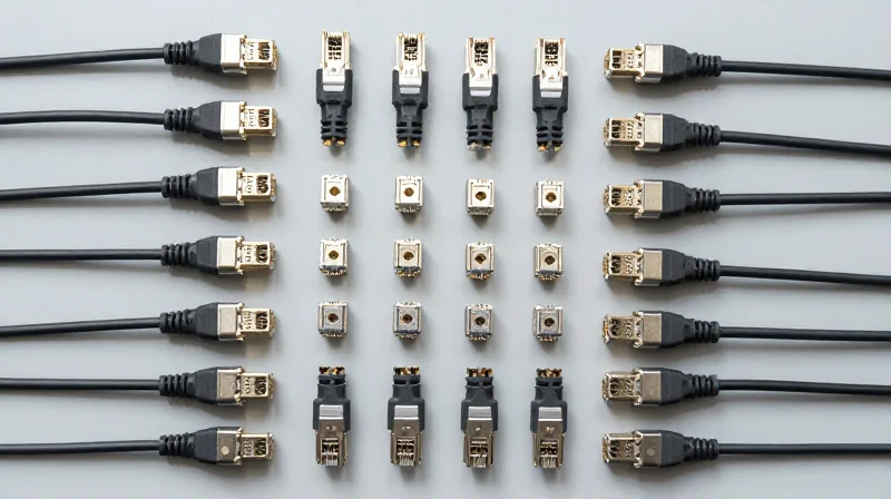 Cabling Infrastructure: MPO/MTP and the Cost of Fiber Top-down knolling photography of high-quality MPO fiber optic cables and connectors.