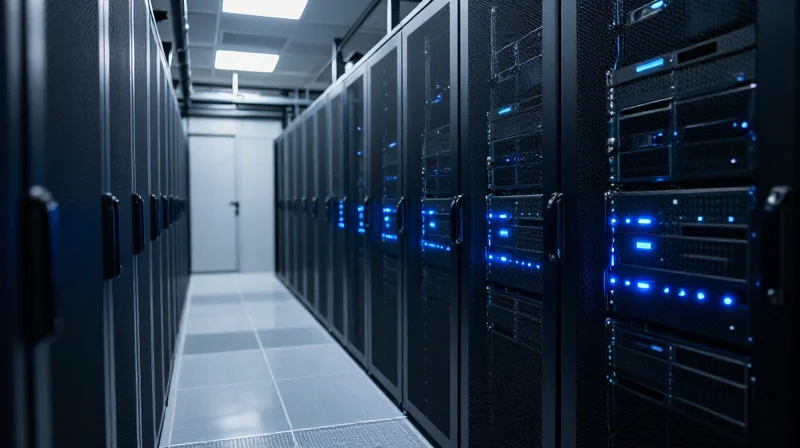 Application Scenarios: AI, HPC, and Enterprise Cloud Photorealistic wide shot of a modern high-performance computing data center with server racks.