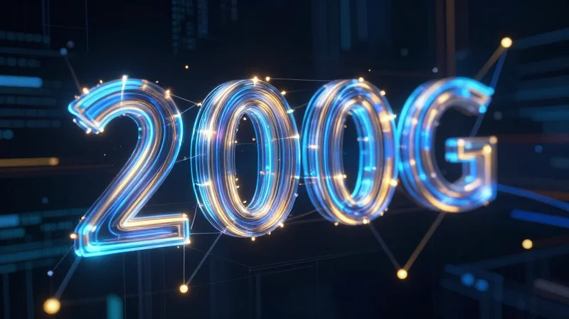 Abstract digital visualization of high-speed 200G data streams and fiber optic connections.