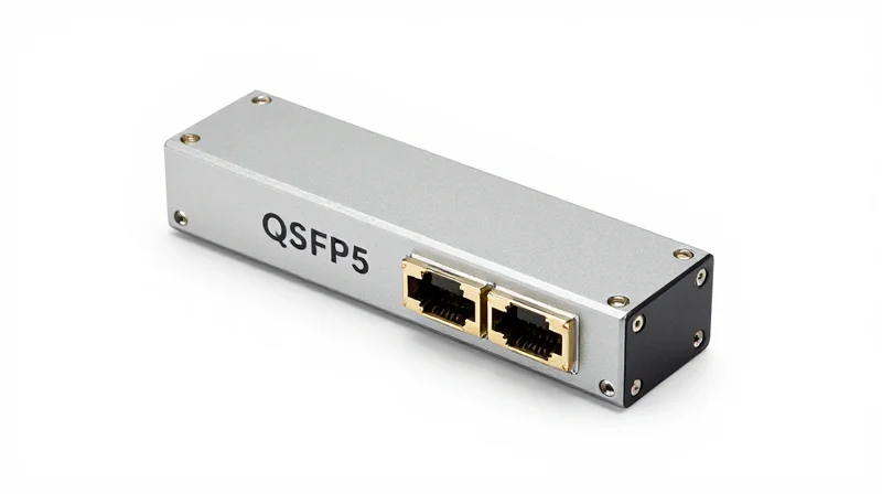 Close-up of a high-quality QSFP56 SR4 optical transceiver module with metallic housing.