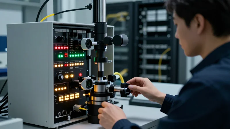 Technician working in a modern optical network testing laboratory with advanced equipment.