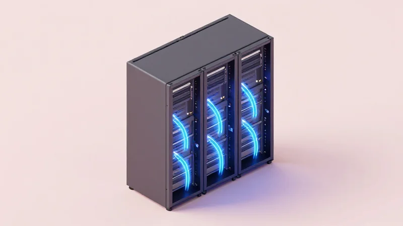 Isometric view of a server rack illustrating advanced cooling and thermal management.
