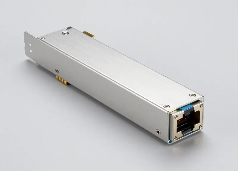 A professional high-resolution studio shot of a metallic 200G QSFP56 SR4 optical transceiver module, showing its precise industrial design and gold-plated connectors on a clean background.