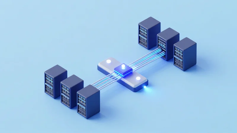 Isometric 3D illustration of high-speed optical data transmission through multi-mode fiber modules.