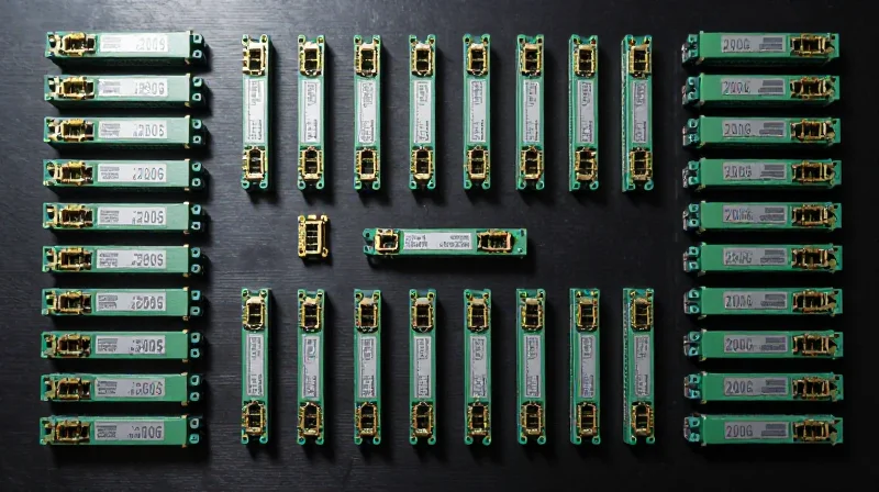A large collection of optical transceivers neatly arranged, representing wholesale inventory stability.