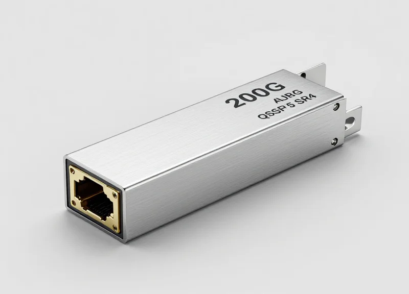 A high-end 200G QSFP56 SR4 optical transceiver module showcased in a professional studio setting with clean lighting.