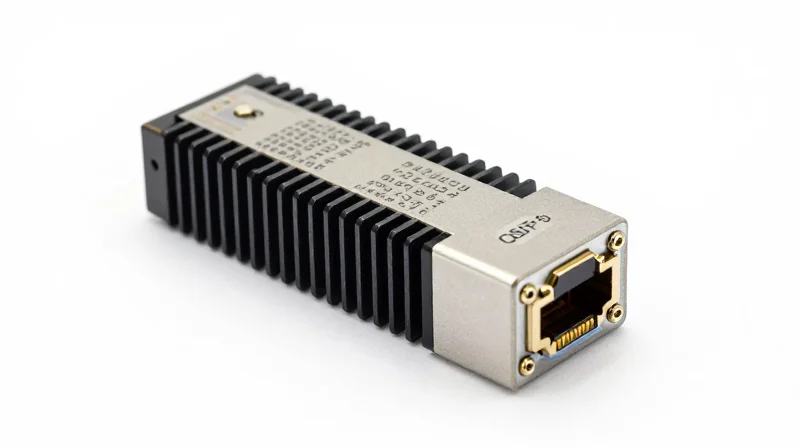 Defining 200G FR4: The QSFP56 Standard A professional studio photograph of a 200G FR4 QSFP56 optical transceiver module with high-detail metallic finish.