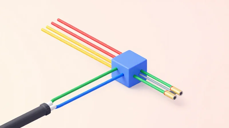 CWDM4 Wavelength Architecture Isometric 3D model showing four different colored light paths merging into one optical fiber.