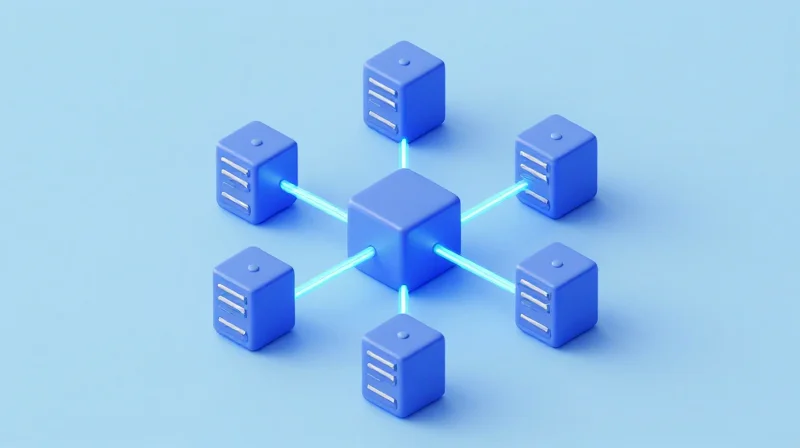 Interoperability and Ecosystem Compatibility Isometric 3D illustration of an interconnected network ecosystem with various hardware modules.