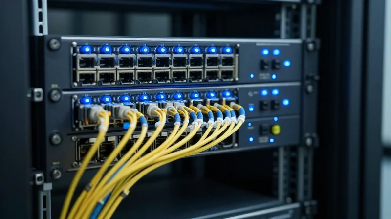 Deployment Scenarios: Spine-Leaf and DCI A high-end data center rack with blue led lighting and clean fiber optic management.