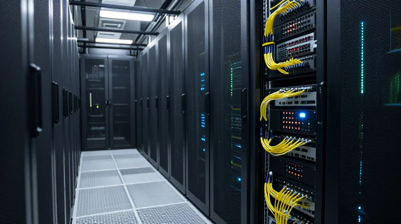 A modern high-density data center with server racks and glowing fiber optic cables.