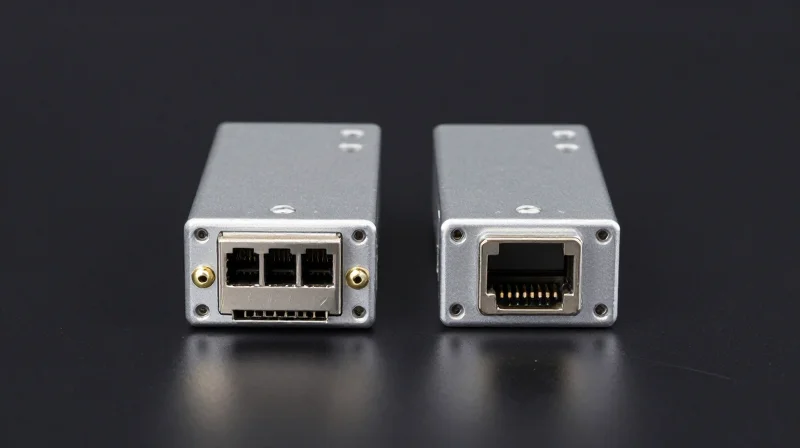 Side-by-side comparison of two optical transceiver modules on a black surface.
