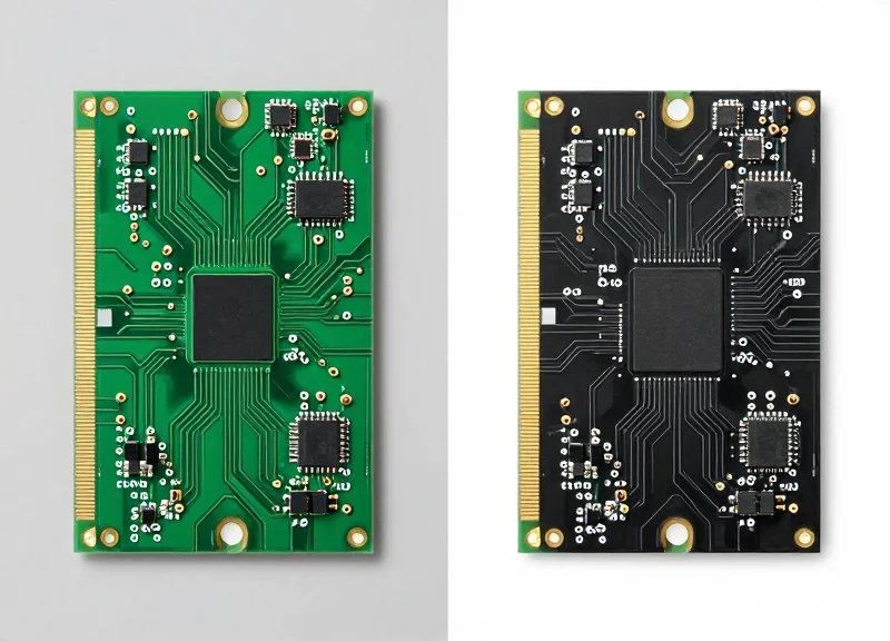 A professional side-by-side comparison of two high-speed circuit boards with different substrate materials, showing intricate copper traces and electronic components on a sleek dark surface.