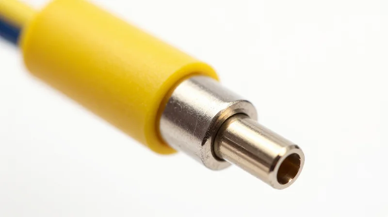 A macro shot of an LC duplex single-mode fiber connector against a white background.