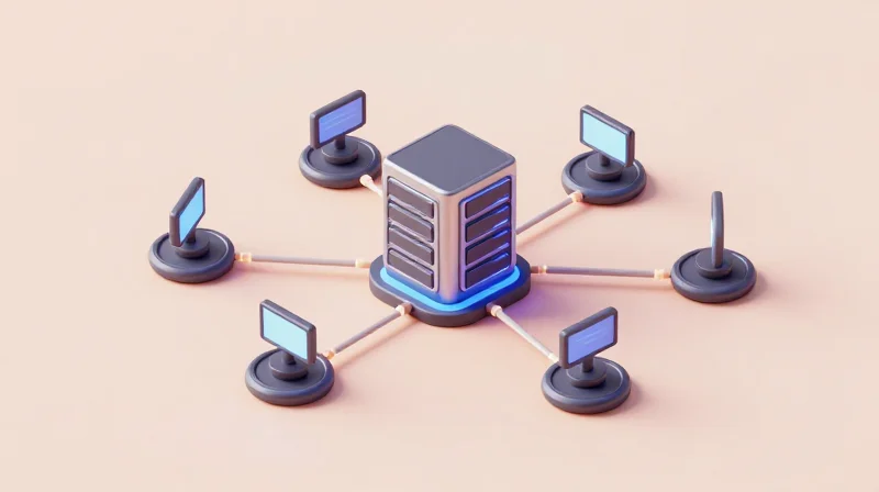 An isometric 3D network diagram connecting cloud servers to edge computing units.