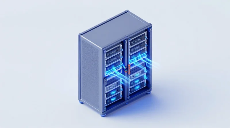 Optimizing Power Consumption and Thermal Management Isometric 3D illustration of a server rack showing efficient thermal management and cooling paths.