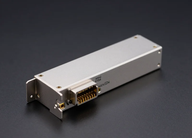 A high-precision 200G FR4 optical transceiver module shown in a close-up product shot with metallic textures and gold-plated connectors.
