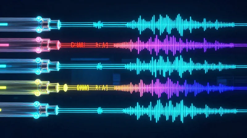 Abstract visualization of 200G FR4 data transmission with four distinct colored light streams representing wavelengths.