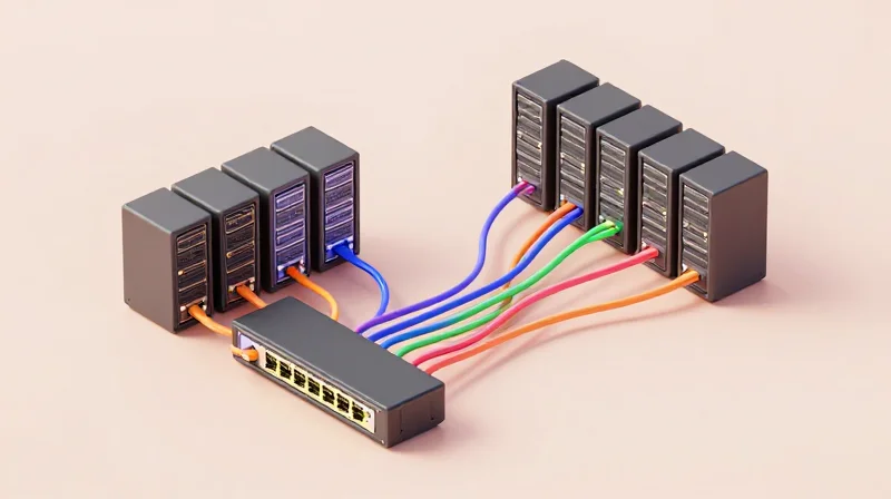 Isometric 3D model of a multi-vendor network fabric showing interconnected server modules.