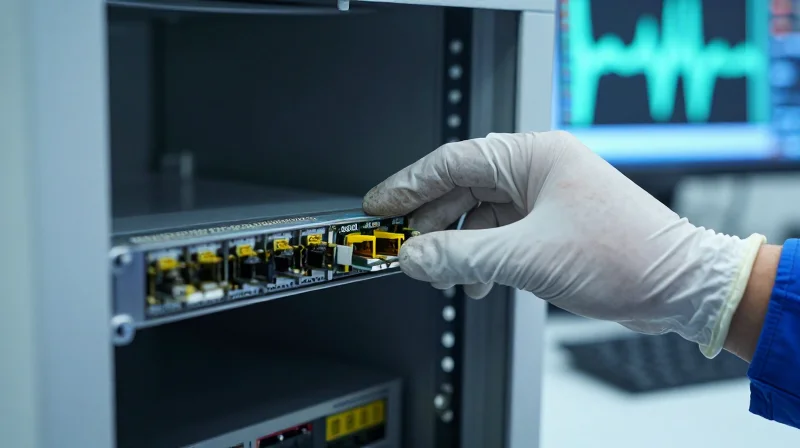 Close-up photorealistic shot of an optical transceiver undergoing rigorous quality testing in a laboratory.